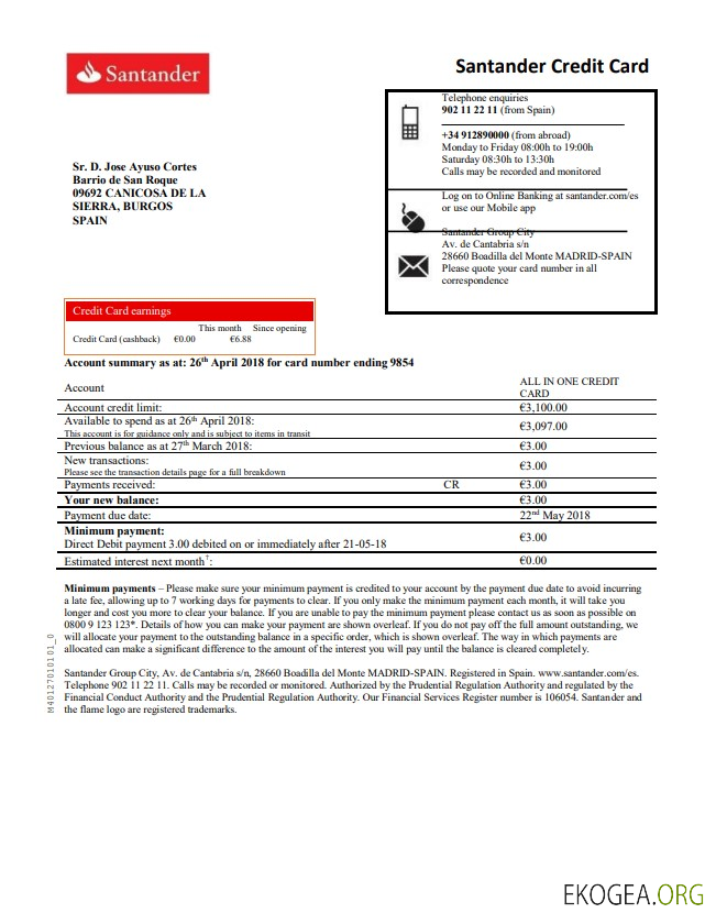Espagne Santander carte de crédit justificatif de domicile relevé bancaire au format Word et PDF